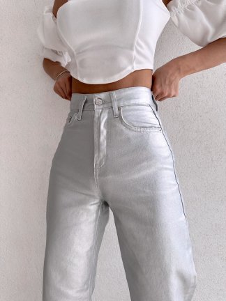 Wıde Leg Yüksek Bel Gümüş Jean 8727 - 3