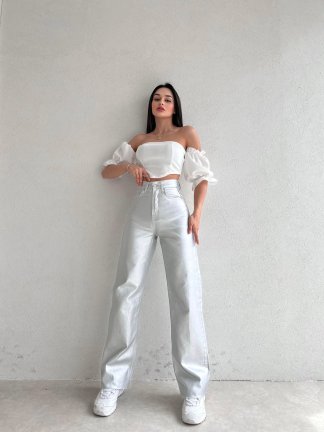 Wıde Leg Yüksek Bel Gümüş Jean 8727 - 1