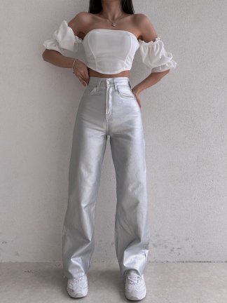 Wıde Leg Yüksek Bel Gümüş Jean 8727 - 2