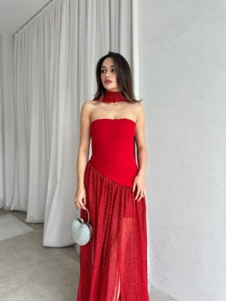 WİLLY Şallı Maxi Elbise 8673 - Kırmızı - 2