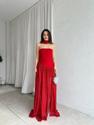 WİLLY Şallı Maxi Elbise 8673 - Kırmızı 