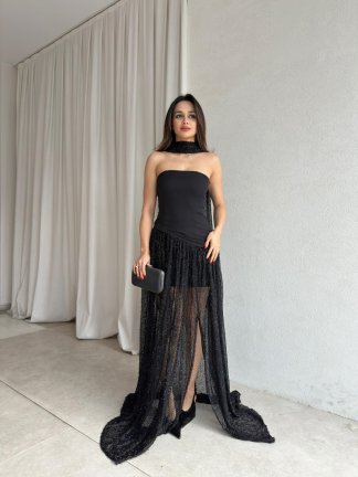 WİLLY Şallı Maxi Elbise 8673 - Siyah - 1