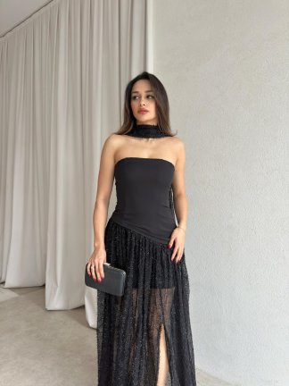 WİLLY Şallı Maxi Elbise 8673 - Siyah - 2