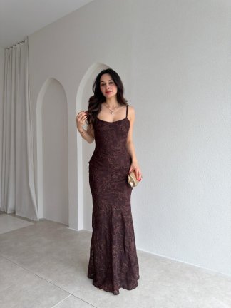 WİNX Simli Desenli Maxi Elbise 4218 - Acı Kahve - 1