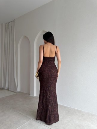WİNX Simli Desenli Maxi Elbise 4218 - Acı Kahve - 3