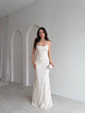 WİNX Simli Desenli Maxi Elbise 4218 - Ekru 