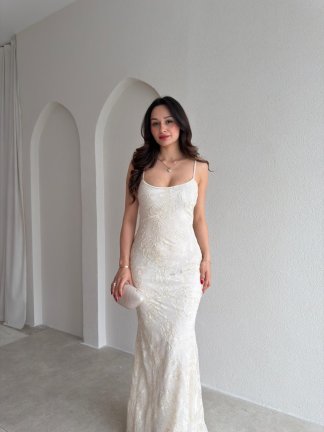 WİNX Simli Desenli Maxi Elbise 4218 - Ekru - 2