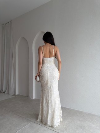 WİNX Simli Desenli Maxi Elbise 4218 - Ekru - 3