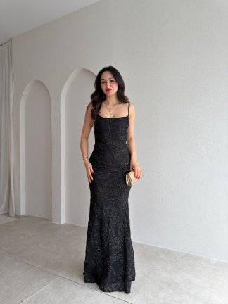 WİNX Simli Desenli Maxi Elbise 4218 - Siyah 