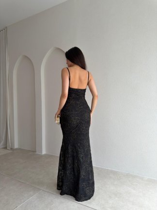WİNX Simli Desenli Maxi Elbise 4218 - Siyah - 3