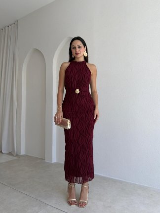 WİSTERİA Simli Midi Elbise 8959 - Bordo 