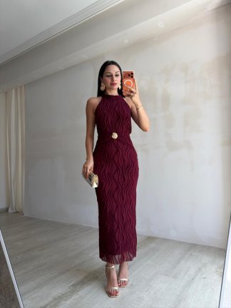 WİSTERİA Simli Midi Elbise 8959 - Bordo - 3