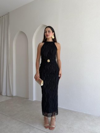 WİSTERİA Simli Midi Elbise 8959 - Siyah - 1