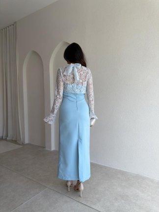 WOME Dantel Parçalı Midi Elbise 3042 - Bebe Mavisi - 3