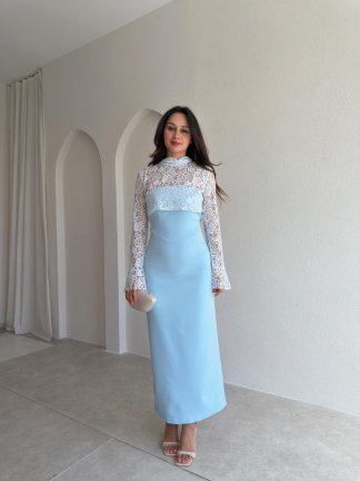 WOME Dantel Parçalı Midi Elbise 3042 - Bebe Mavisi 