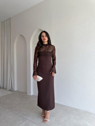 WOME Dantel Parçalı Midi Elbise 3042 - Acı Kahve 