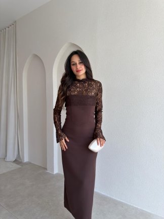 WOME Dantel Parçalı Midi Elbise 3042 - Acı Kahve - 2
