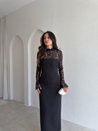 WOME Dantel Parçalı Midi Elbise 3042 - Siyah - 2