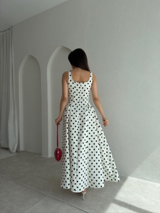 WOOD Puantiyeli Maxi Elbise 9009 - Beyaz - 3