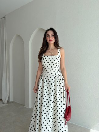 WOOD Puantiyeli Maxi Elbise 9009 - Beyaz - 2