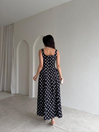 WOOD Puantiyeli Maxi Elbise 9009 - Siyah - 4