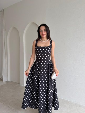 WOOD Puantiyeli Maxi Elbise 9009 - Siyah - 2