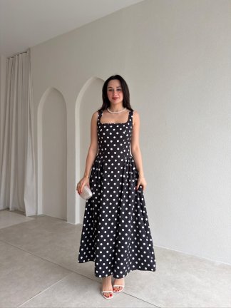 WOOD Puantiyeli Maxi Elbise 9009 - Siyah - 1