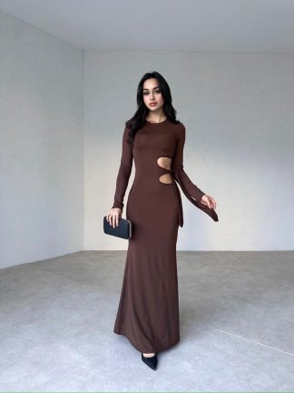 Yan Dekolteli Maxi BRANKA Elbise 3010 - Acı Kahve - 2