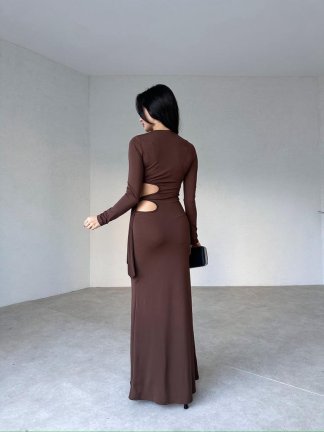 Yan Dekolteli Maxi BRANKA Elbise 3010 - Acı Kahve - 3