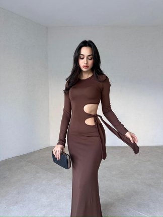 Yan Dekolteli Maxi BRANKA Elbise 3010 - Acı Kahve - 1