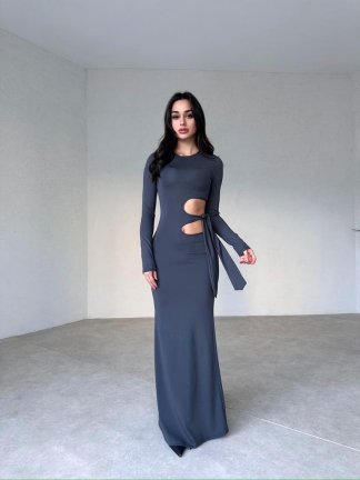 Yan Dekolteli Maxi BRANKA Elbise 3010 - Antrasit - 2