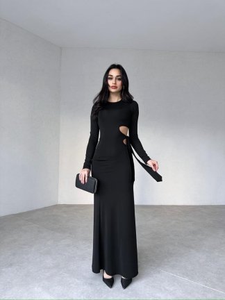 Yan Dekolteli Maxi BRANKA Elbise 3010 - Siyah - 2