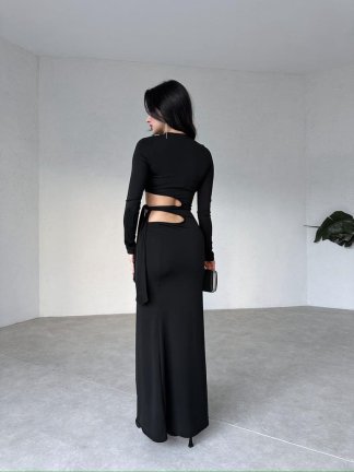 Yan Dekolteli Maxi BRANKA Elbise 3010 - Siyah - 3