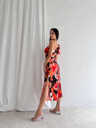 Yan Dekolteli Midi NORA Elbise 9839 - Turuncu - 2