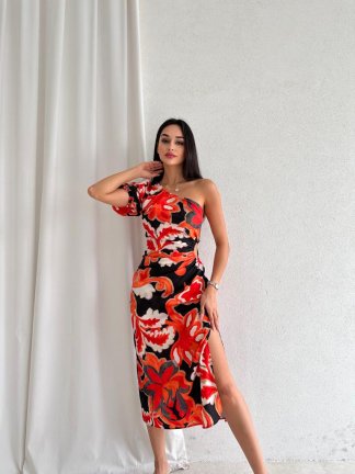 Yan Dekolteli Midi NORA Elbise 9839 - Turuncu - 1