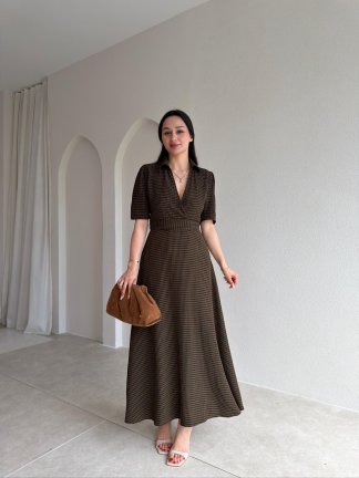 YOLANTE Kareli Midi Elbise 5506 - Acı Kahve 