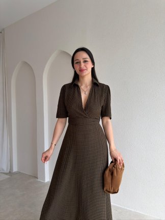 YOLANTE Kareli Midi Elbise 5506 - Acı Kahve - 3
