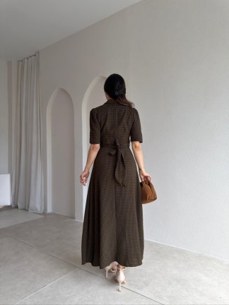 YOLANTE Kareli Midi Elbise 5506 - Acı Kahve - 2