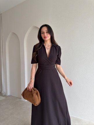 YOLANTE Kareli Midi Elbise 5506 - Siyah - 3