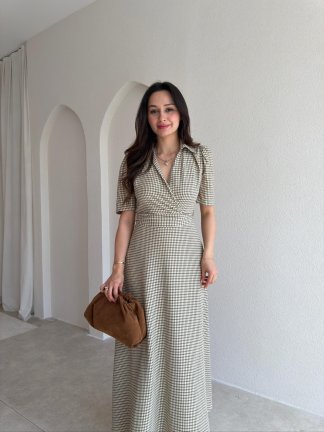 YOLANTE Kareli Midi Elbise 5506 - Yeşil - 3