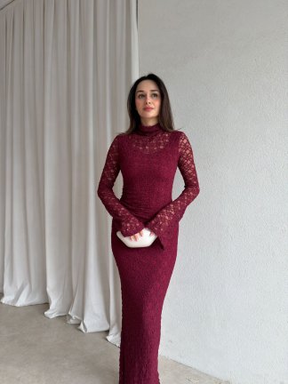 YORYO Dantelli Elbise 8221 - Bordo - 2