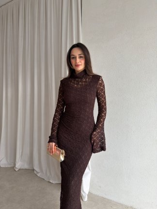 YORYO Dantelli Elbise 8221 - Acı Kahve - 2