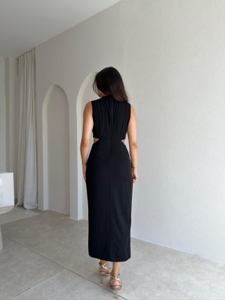 YUKİ Bel Detaylı Midi Elbise 9584 - Siyah - 4