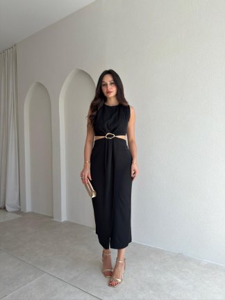 YUKİ Bel Detaylı Midi Elbise 9584 - Siyah - 1