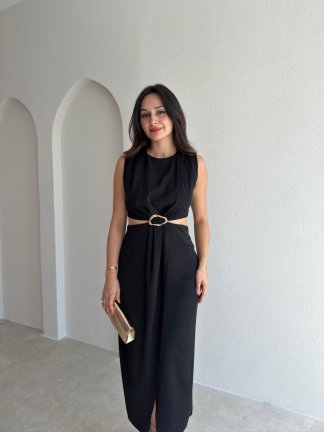YUKİ Bel Detaylı Midi Elbise 9584 - Siyah - 2