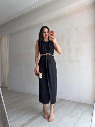 YUKİ Bel Detaylı Midi Elbise 9584 - Siyah - 3