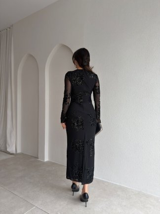 JULİA Taş Desenli Midi Elbise 9068 - Siyah - 3