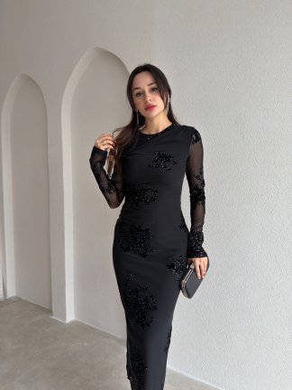 JULİA Taş Desenli Midi Elbise 9068 - Siyah - 1