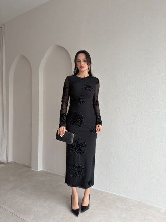 JULİA Taş Desenli Midi Elbise 9068 - Siyah - 2