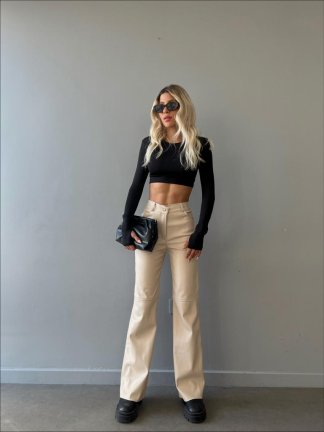 Yumuşak Vegan Deri Cioran Pantolon 0872 - Krem - 2